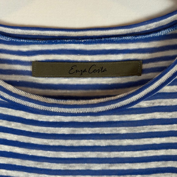 Enza Costa Womens Blue White Striped Linen Blend Short Sleeve Crew Neck Tee S - Picture 3 of 10